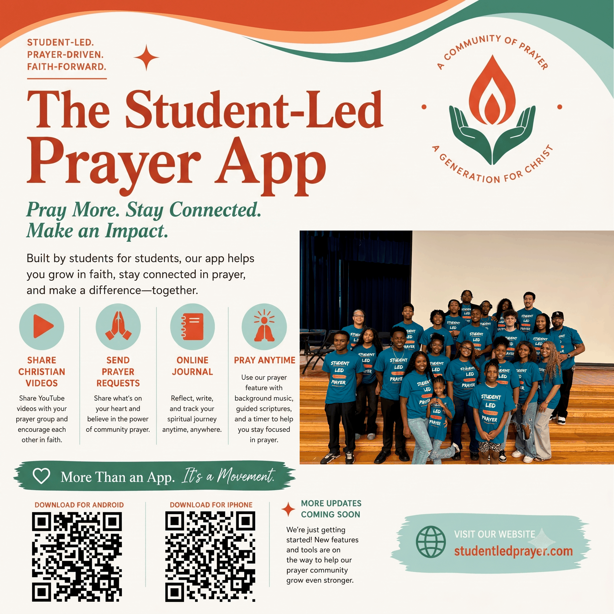Student-Led Prayer App download flyer with QR codes for Android and iPhone