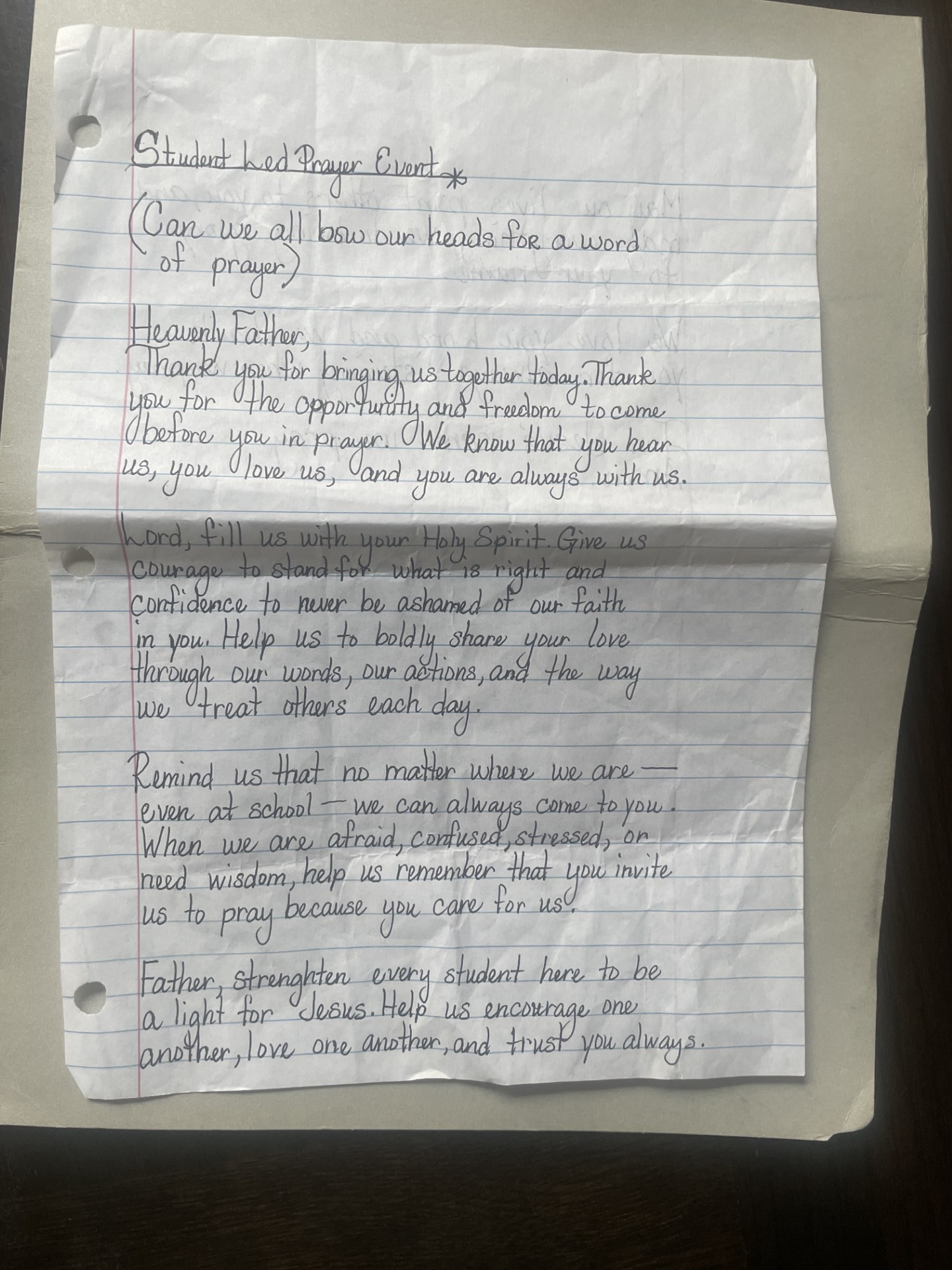 First page of Jarius Taylor's handwritten opening prayer