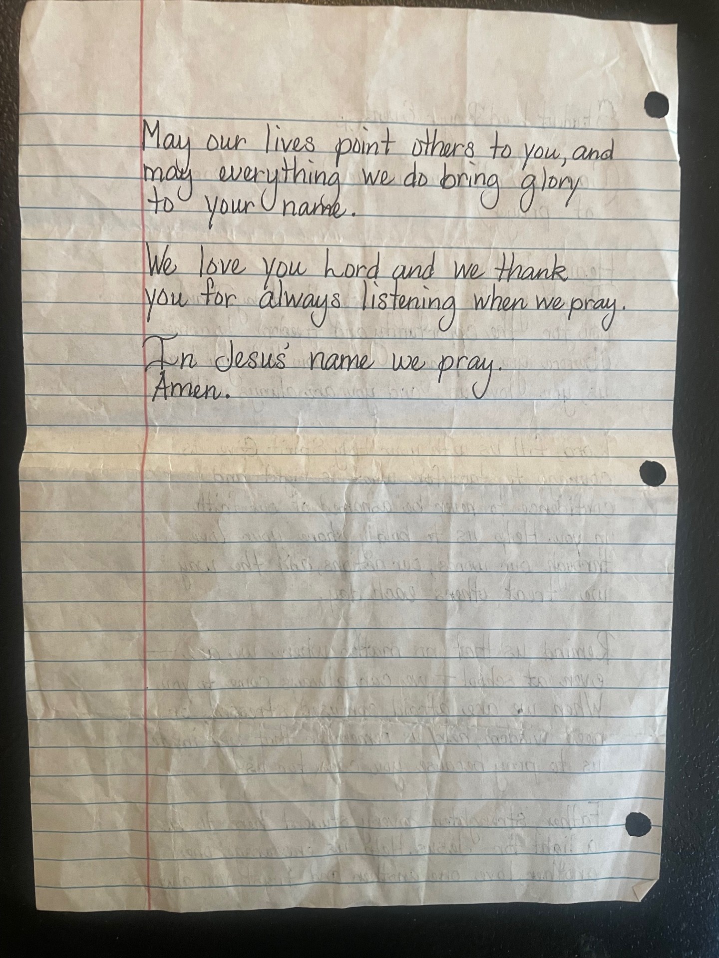 Second page of Jarius Taylor's handwritten opening prayer